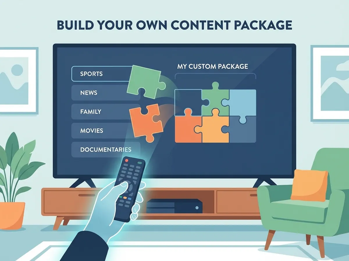 An illustration depicting a user interface on a TV screen where a viewer is selecting from different puzzle pieces representing genres like Sports, News, and Family to build their own custom content package.