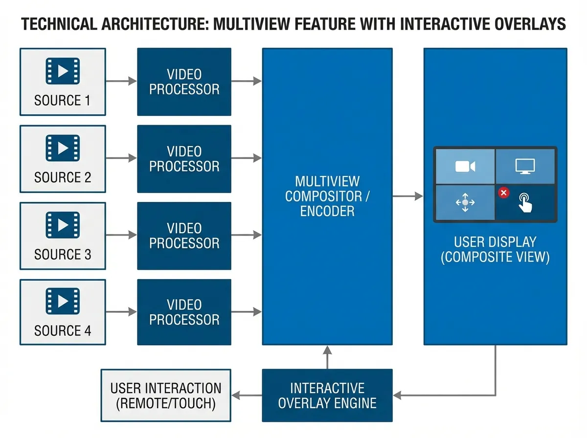 A flowchart diagram illustrating the technical architecture of the multiview feature, showing how four distinct video signals are processed and combined into a single user display with interactive overlay elements.