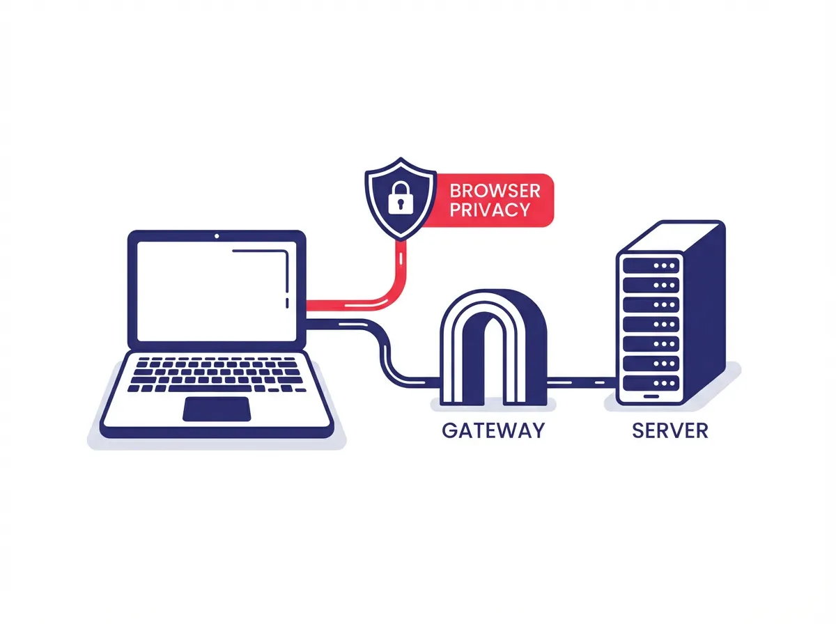 An illustration depicting a data stream traveling from a user's laptop. One path is blocked by a shield representing browser privacy, while another path flows smoothly through a 'Gateway' door to a server.