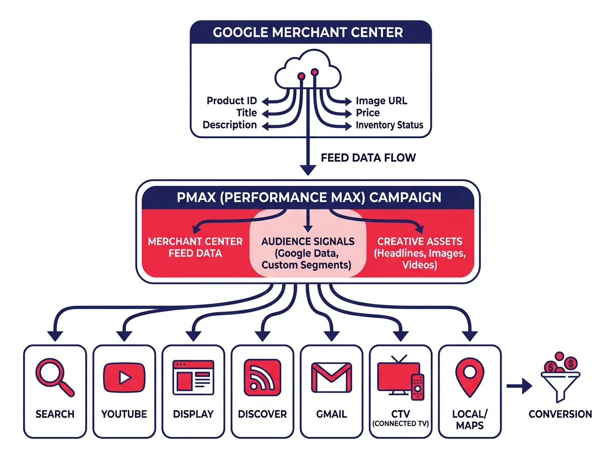 แผนภาพแสดงข้อมูลจาก Google Merchant Center feed ไหลเข้าสู่ PMax และกระจายไปยัง CTV, YouTube, Search, Display และช่องทางอื่นๆ