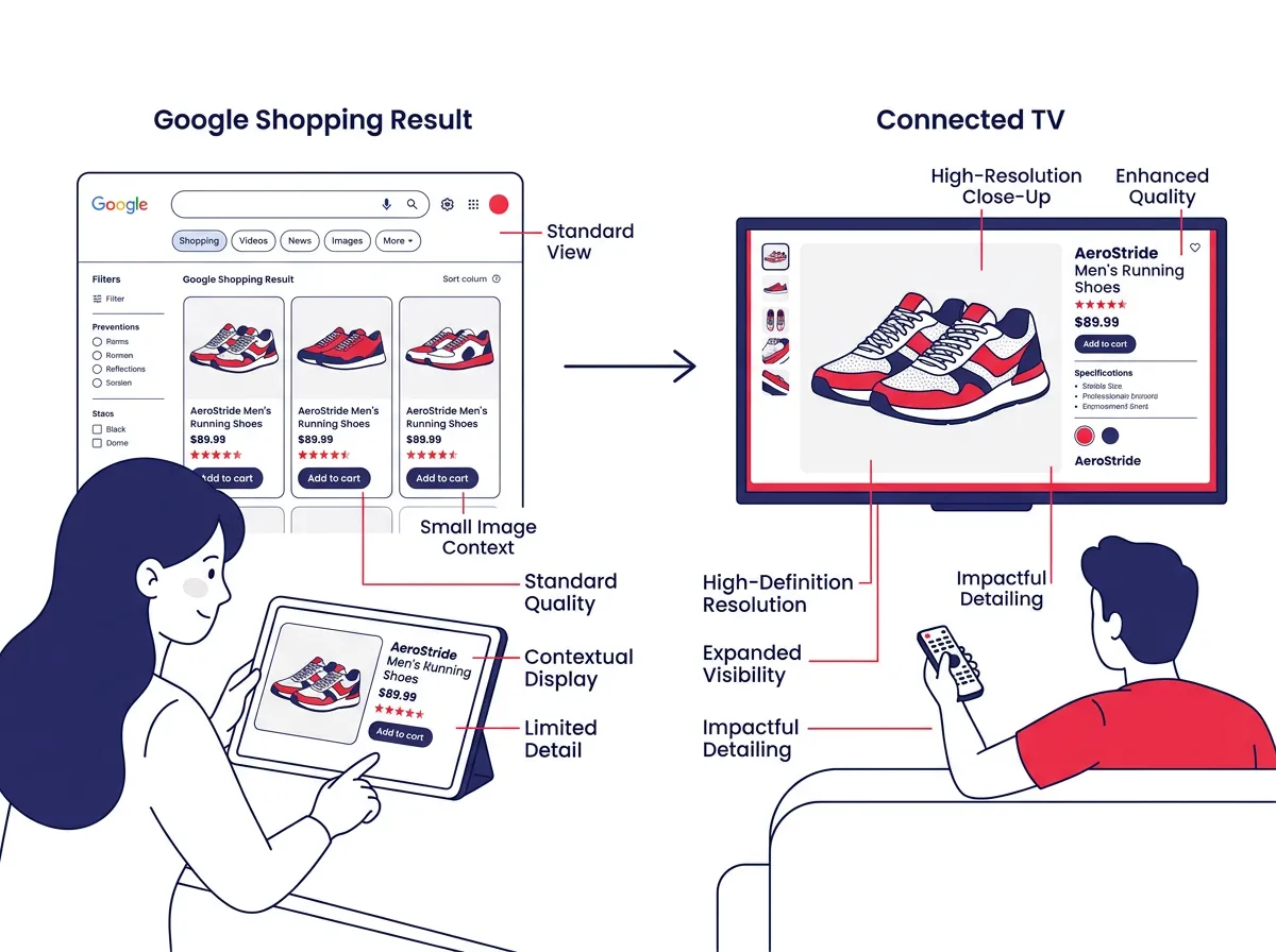 ภาพเปรียบเทียบรูปสินค้าที่ปรากฏบนผลลัพธ์ Google Shopping เทียบกับรูปเดียวกันเมื่อขยายบนหน้าจอ Connected TV โดยเน้นความแตกต่างด้านคุณภาพและบริบท