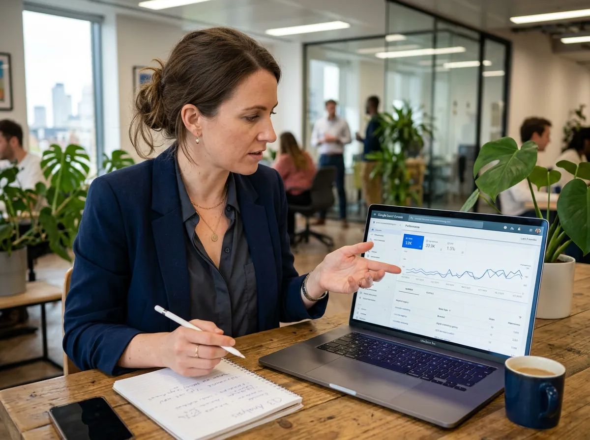 นักการตลาดกำลังตรวจสอบรายงานประสิทธิภาพของ Google Search Console บนหน้าจอแล็ปท็อป แสดงการแบ่งกลุ่มคำค้นหาแบบระบุแบรนด์และไม่ระบุแบรนด์