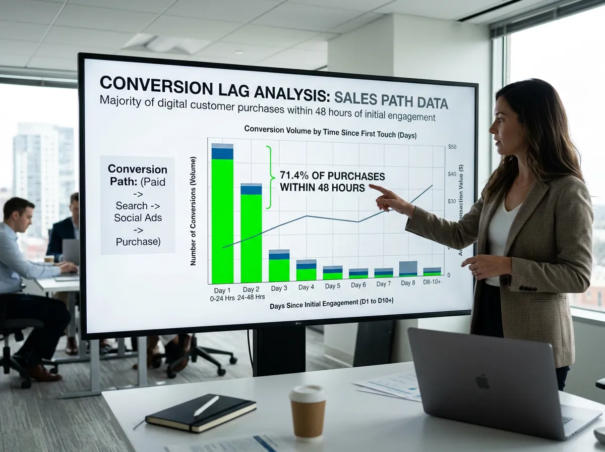 A visual chart showing conversion path data with average conversion lag by day, illustrating how most purchases happen within 48 hours