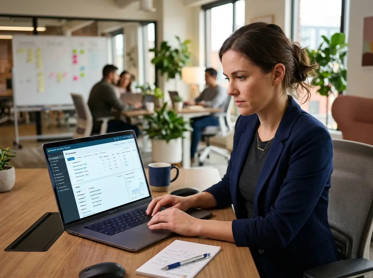 นักลงโฆษณากำลังตรวจสอบการตั้งค่าแคมเปญ Microsoft Advertising บนหน้าจอแล็ปท็อป