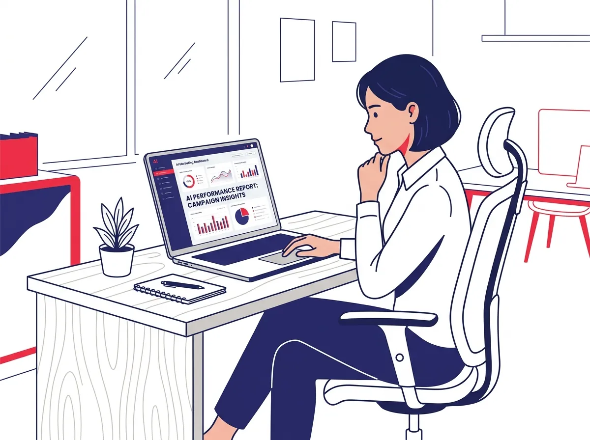 A young marketing professional sitting at a desk reviewing AI-generated reports on a laptop, looking thoughtful and focused