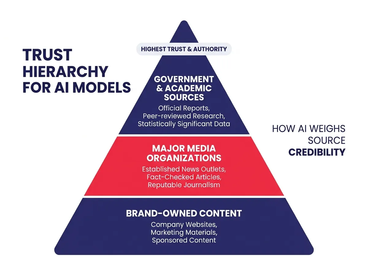 A visual showing a trust hierarchy pyramid with government and academic sources at the top, major media in the middle, and brand-owned content at the base, illustrating how AI models weigh authority