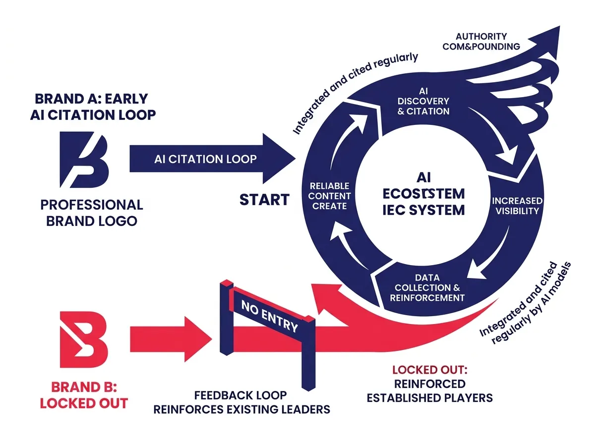An illustration showing two brand paths: one entering the AI citation loop early and compounding authority, and one locked out as the feedback loop reinforces established players