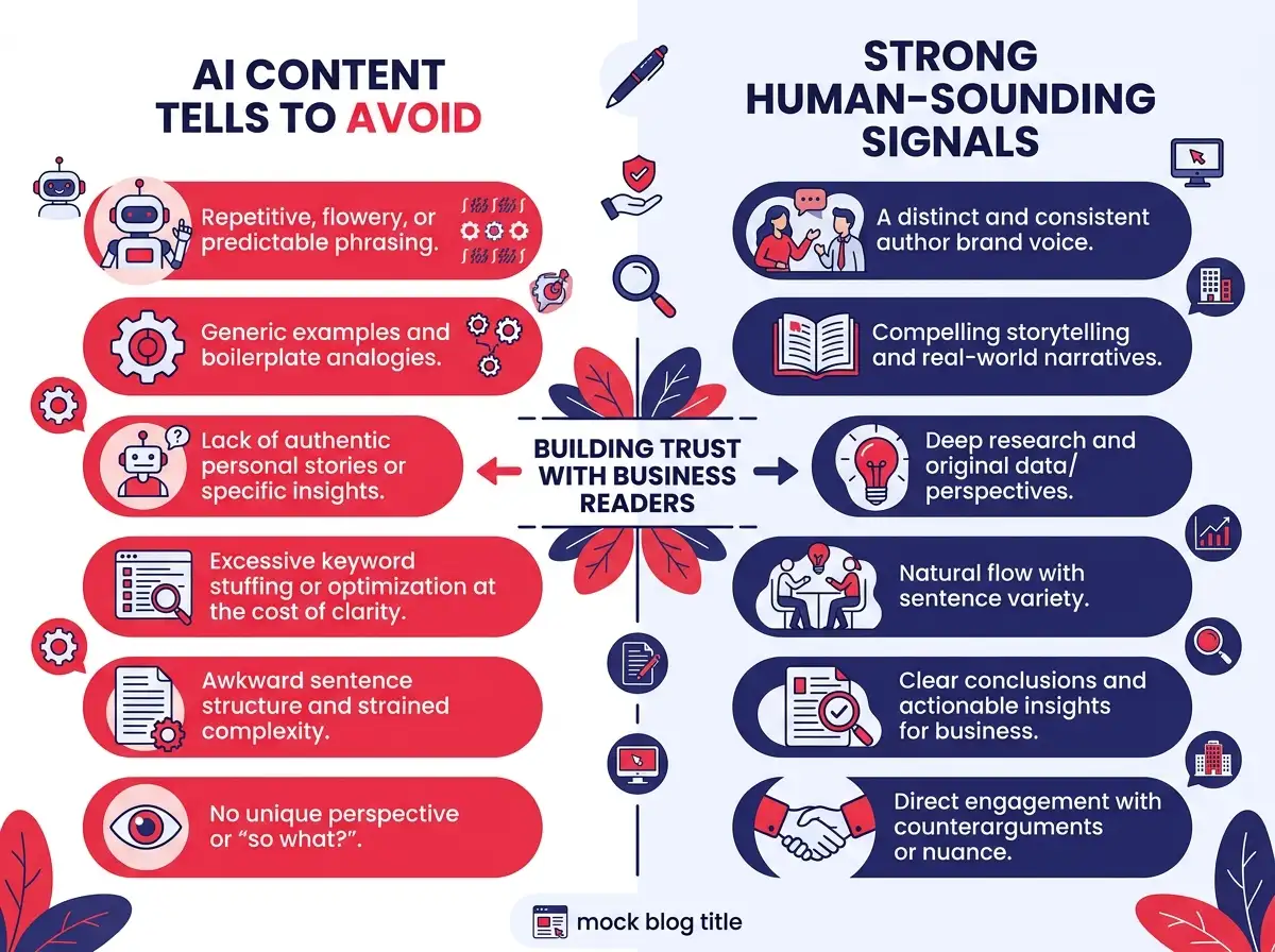An infographic comparing AI content tells to avoid versus strong human-sounding content signals that build trust with business readers