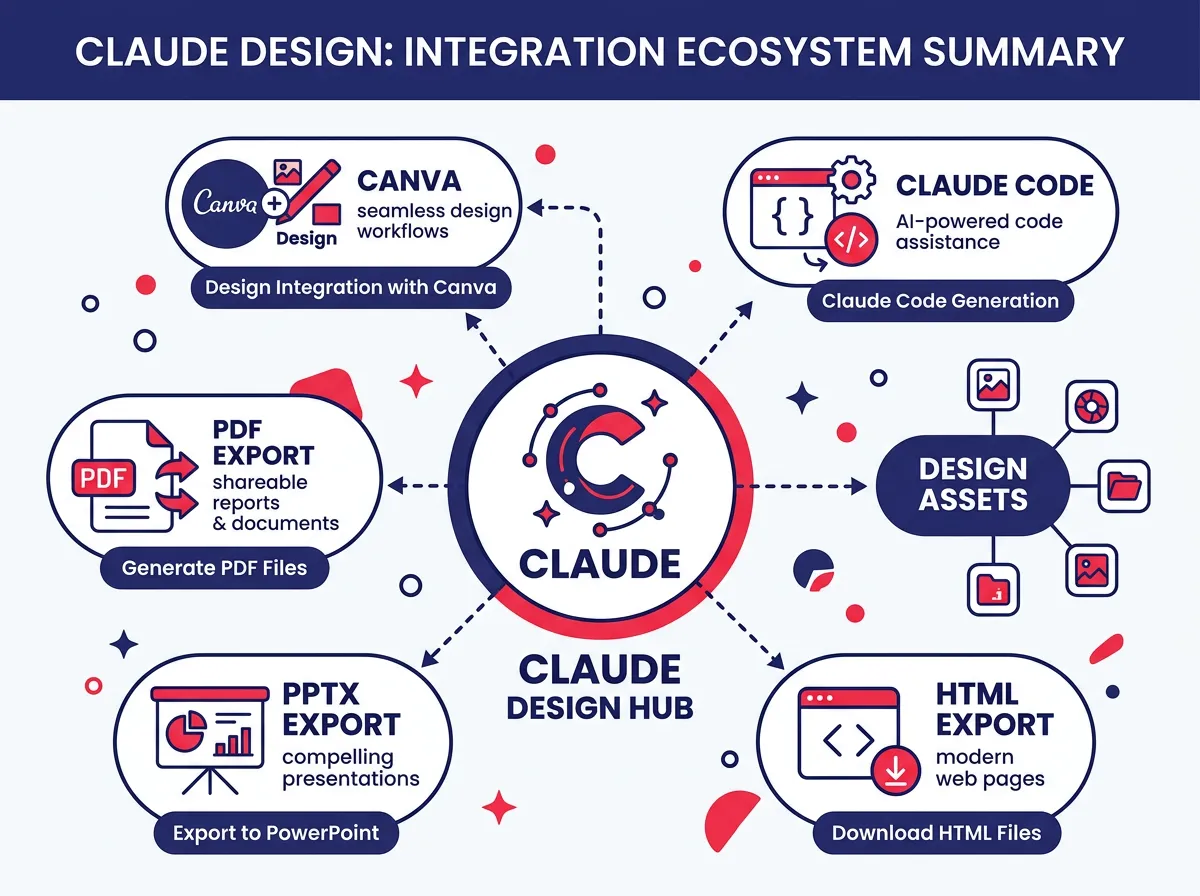 อินโฟกราฟิกแสดงระบบนิเวศการทำงานร่วมกันของ Claude Design พร้อมไอคอนสำหรับ Canva, Claude Code, ตัวเลือกการส่งออก PDF, PPTX และ HTML ที่จัดวางอยู่รอบศูนย์กลางของ Claude Design