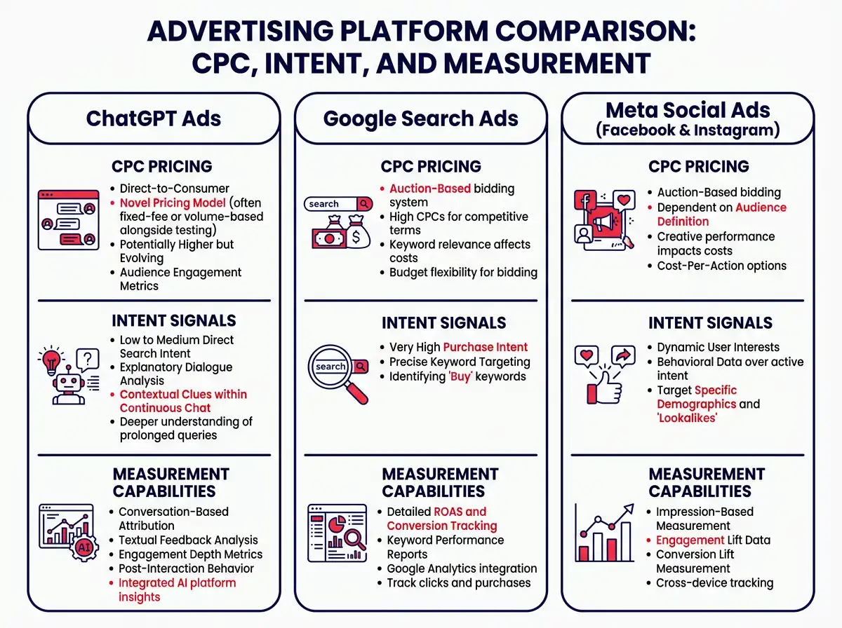 Side-by-side comparison diagram showing CPC pricing, intent signals, and measurement capabilities for ChatGPT ads versus Google Search and Meta social ads