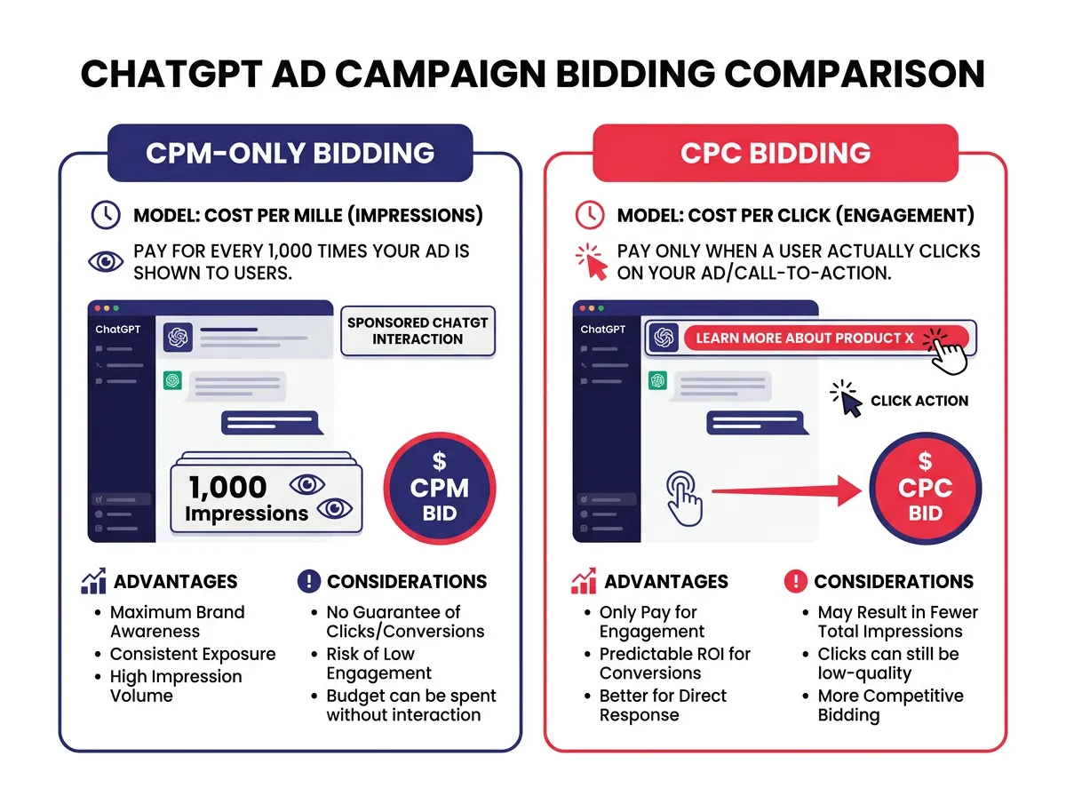แผนภาพเปรียบเทียบ CPM-only bidding กับ CPC bidding