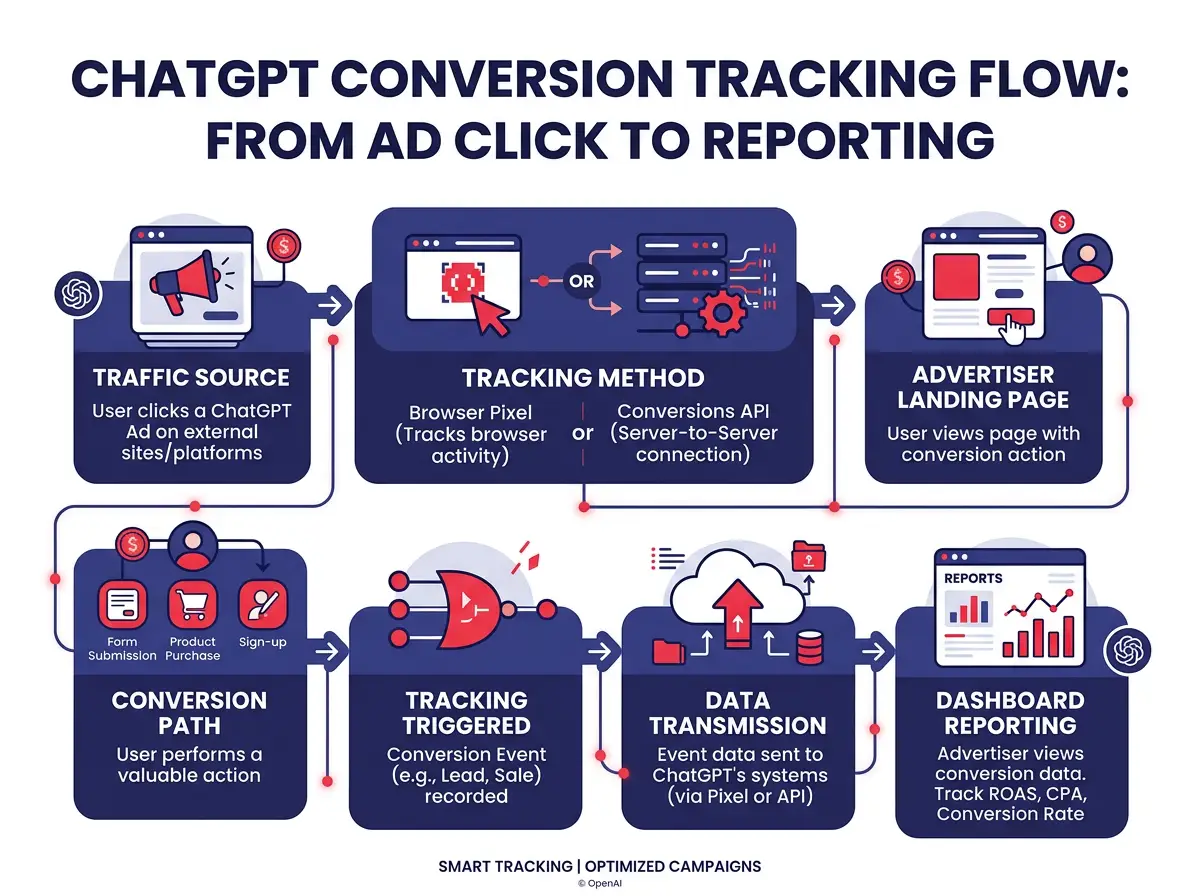 อินโฟกราฟิกแสดงวิธีที่ conversion tracking ของ ChatGPT ไหลจากการคลิกโฆษณาผ่าน pixel หรือ Conversions API ไปยังรายงาน dashboard