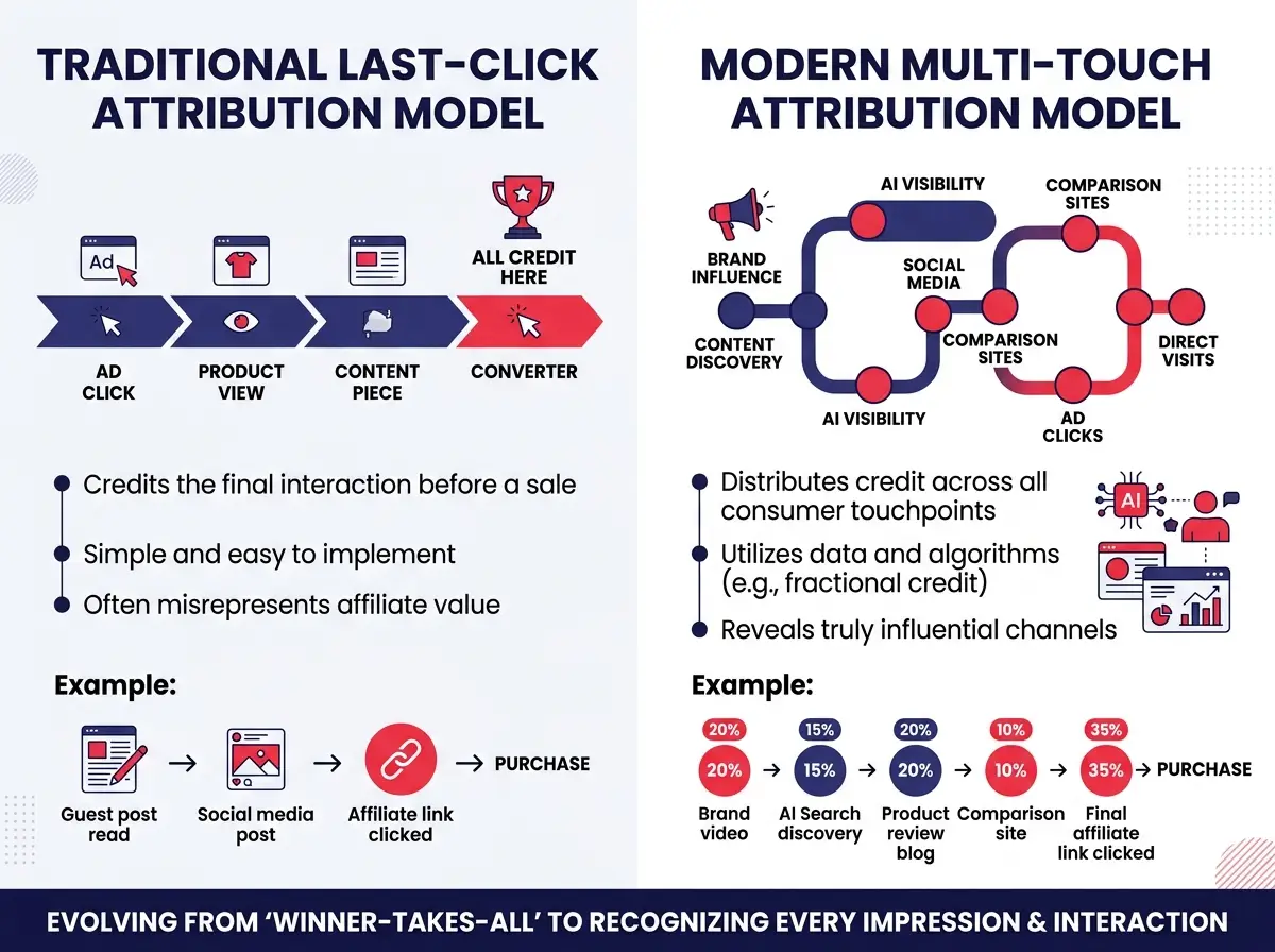 An infographic comparing old last-click affiliate attribution models versus modern multi-touch attribution that accounts for AI visibility and brand influence