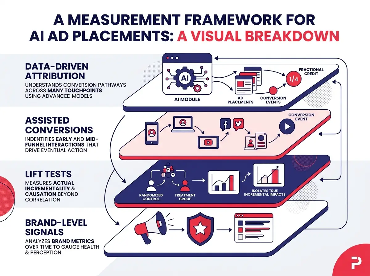 แผนภาพแสดง Framework การวัดผลสำหรับการวางโฆษณา AI แสดง Data-Driven Attribution, Assisted Conversions, Lift Tests และ Brand-Level Signals ในรูปแบบชั้น