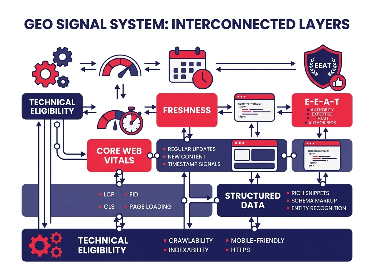 A visual breakdown of the GEO signal system: E-E-A-T, structured data, freshness, Core Web Vitals, and technical eligibility shown as interconnected layers