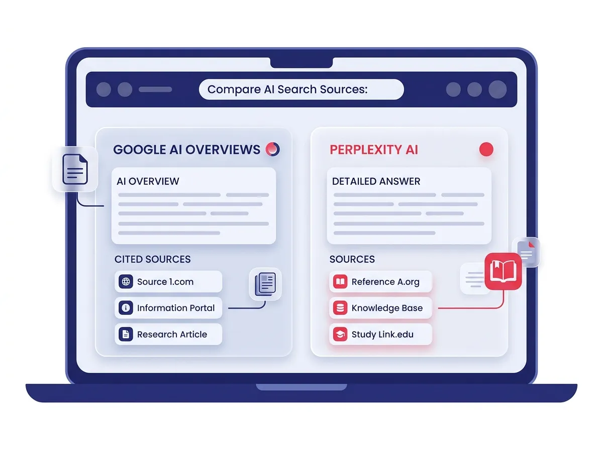 A glassmophobic AI search engine results on a laptop, comparing cited sources in Google AI Overviews and Perplexity