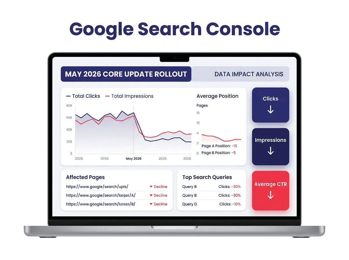Glassmorphic illustration of Google Search Console data on a laptop after the May 2026 core update rollout