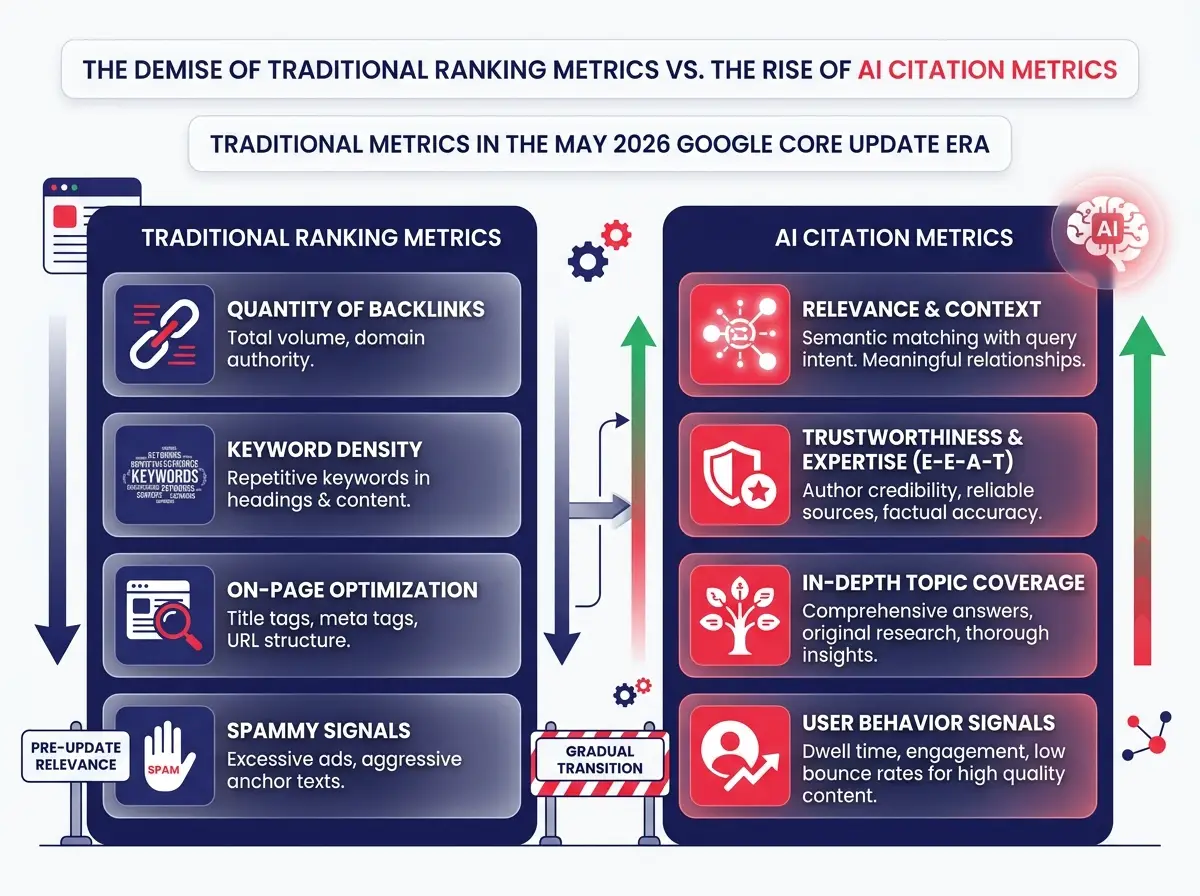 Glassmorphic-themed infographic showing the difference between traditional ranking metrics and AI citation metrics in the May 2026 Google core update era