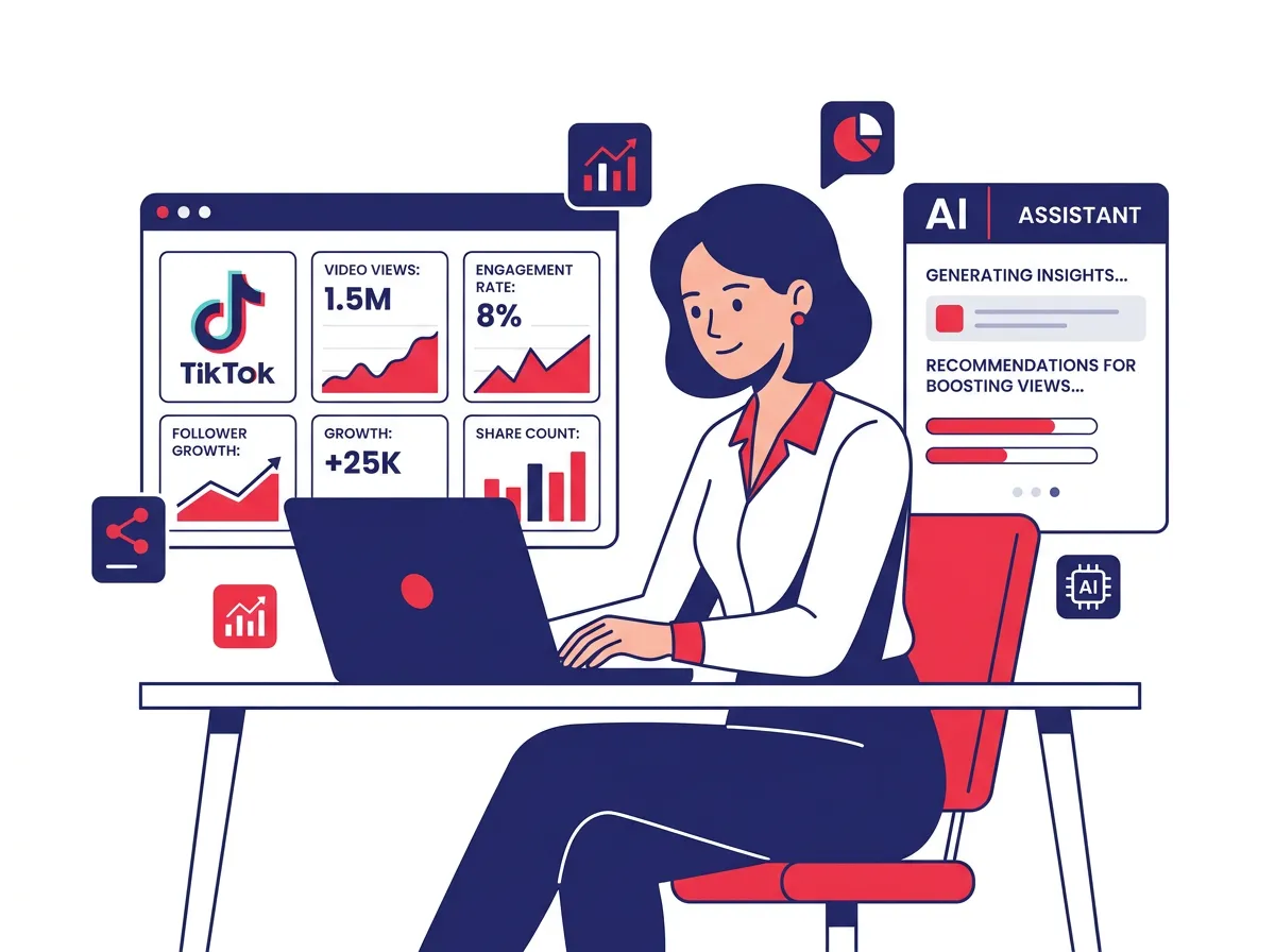 A glassmophobic marketer reviewing TikTok analytics on a laptop while an AI assistant interface is open on a second screen