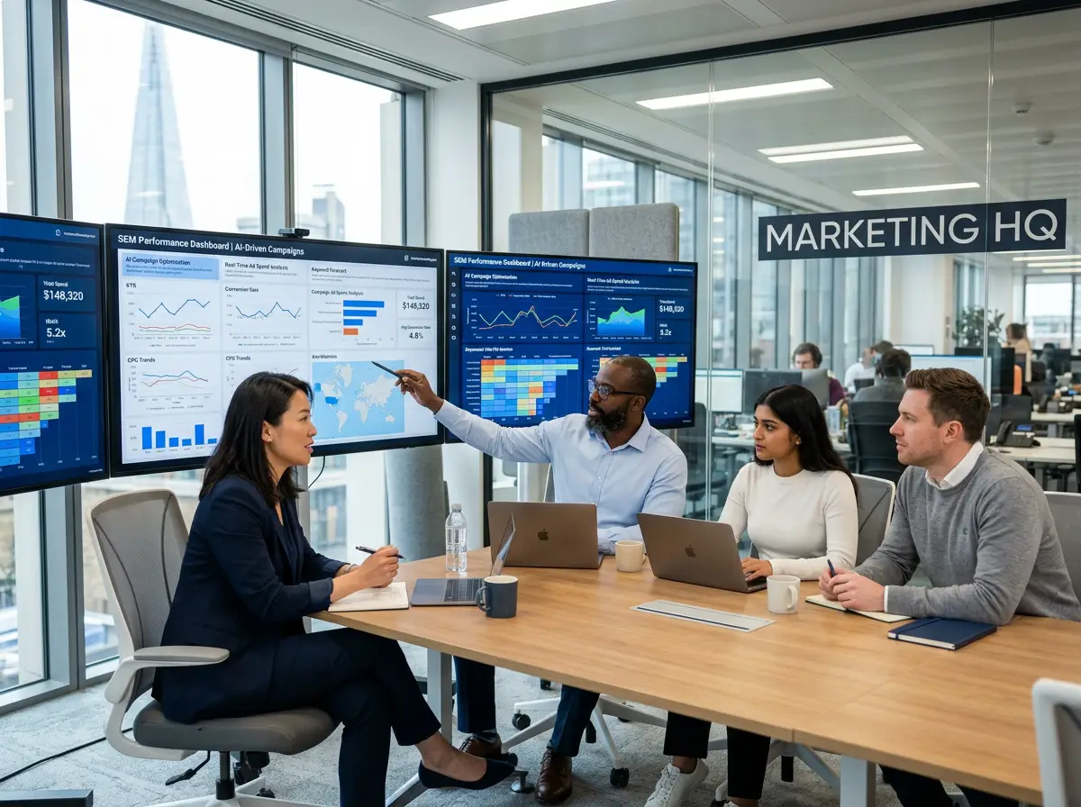 Marketing team reviewing SEM performance dashboards with AI-driven campaign data on large screens