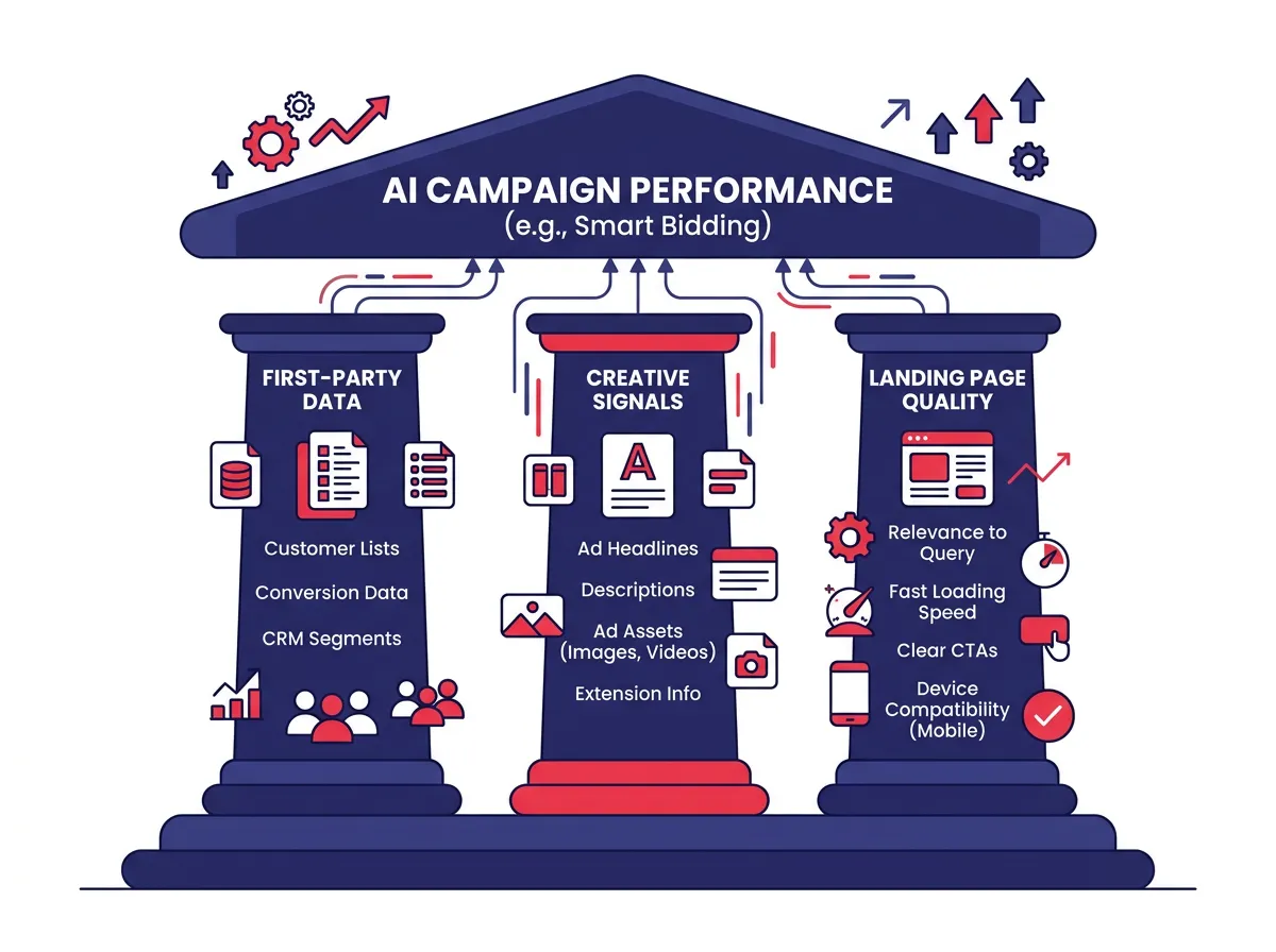 The three core SEM strategy inputs: first-party data, creative signals, and landing page quality, shown as pillars supporting AI campaign performance