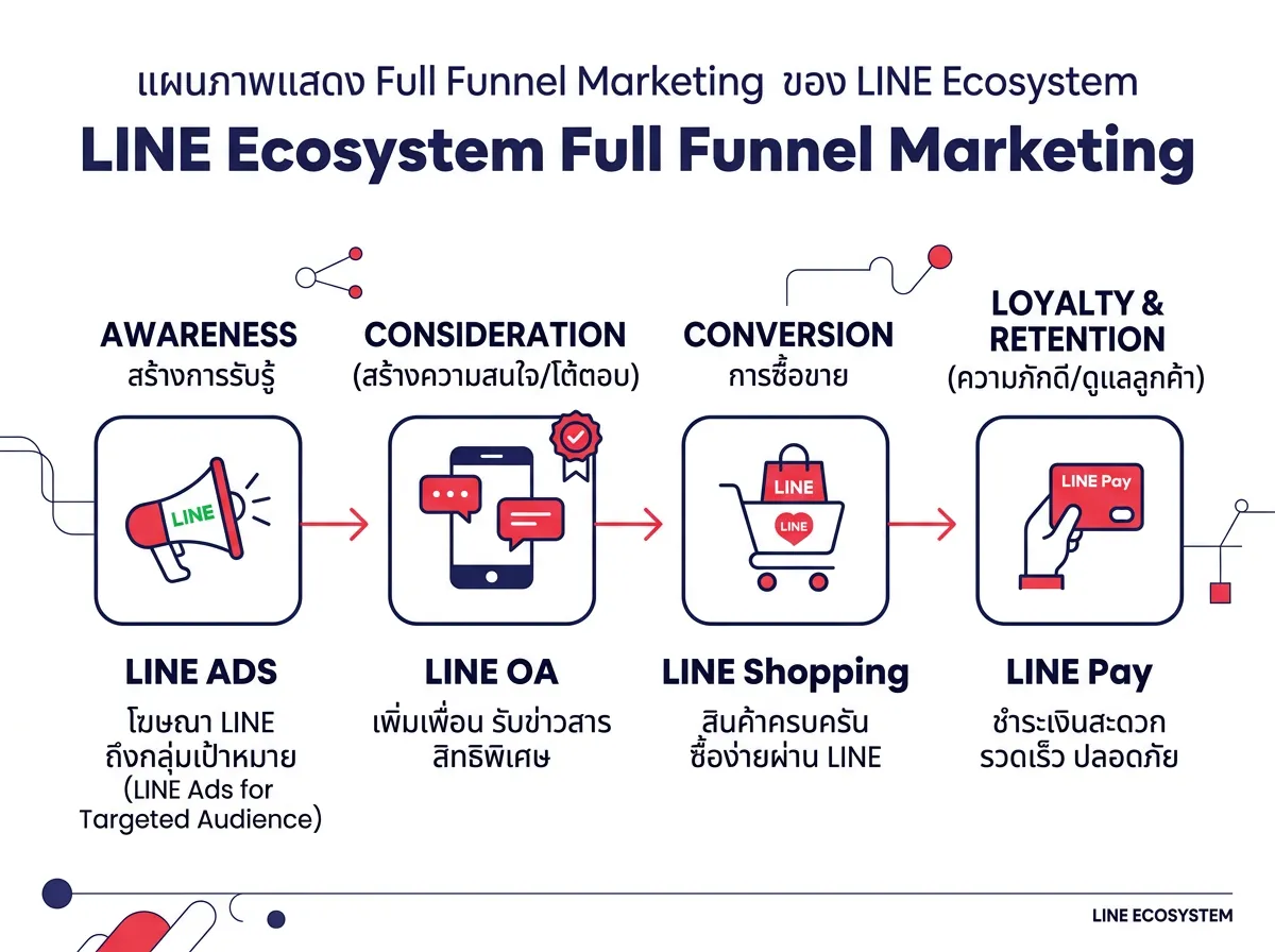 แผนภาพแสดง Full Funnel Marketing ของ LINE Ecosystem ตั้งแต่ LINE ADS, LINE OA, LINE Shopping จนถึง LINE Pay