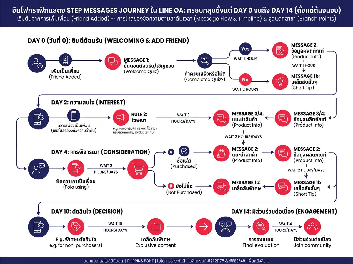 อินโฟกราฟิกแสดง Step Messages Journey ใน LINE OA ตั้งแต่วันที่ 0 จนถึงวันที่ 14 พร้อมจุดแตกสาขาตามพฤติกรรมลูกค้า
