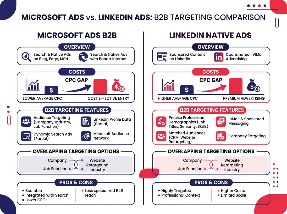 Infographic เปรียบเทียบต้นทุนและฟีเจอร์การกำหนดเป้าหมาย B2B ของ Microsoft Ads กับ LinkedIn native advertising โดยเน้นช่องว่าง CPC และตัวเลือกการกำหนดเป้าหมายที่ทับซ้อนกัน