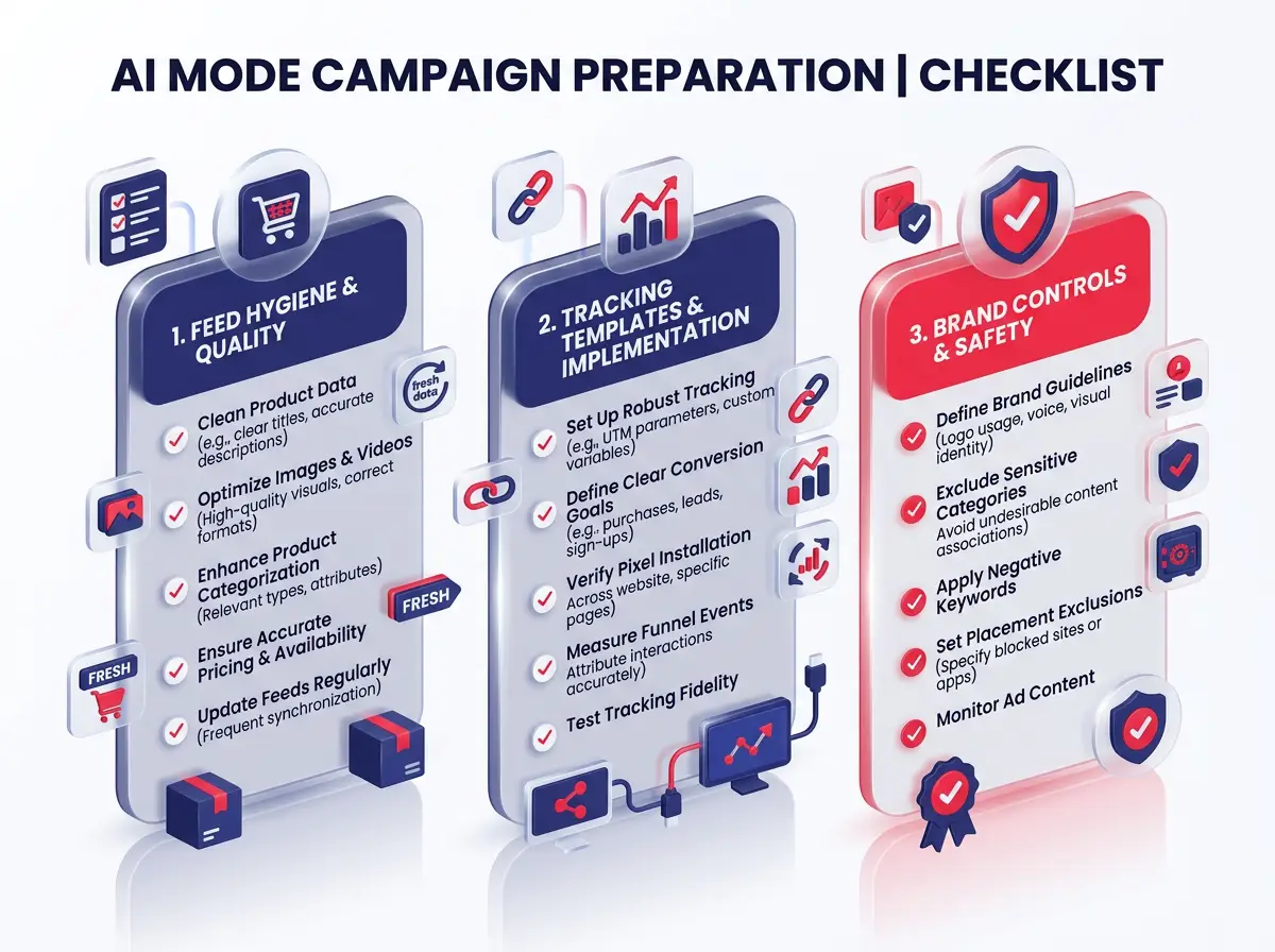 A 3D glassmorphic, isometric Checklist infographic covering feed hygiene, tracking templates, and brand controls for AI Mode campaigns